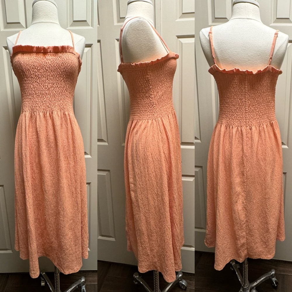 H&M Coral Peach Shirred Stretch Textured Maxi Dress with adjustable straps